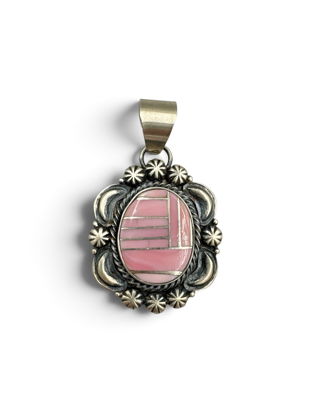 Vintage Y2K Sterling Silver Pink Conch Inlay Navajo Oval Pendant Signed AN 2.25”